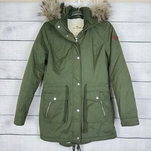 Hollister‎ Vtg Y2K Army Green Fur Hood Jacket Size Medium Outdoors Preppy Retro